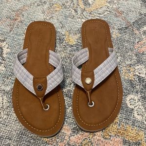Size 8 -Brand New Nautica Sandals / Flip Flops. Blue and brown with gold assents